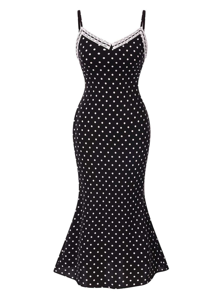 Schwarz 1930er Träger Polka Dots Meerjungfrauen Kleid