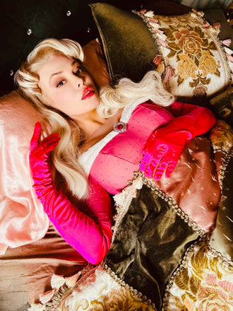 [Vorverkauf] Rosa 1960er Dornröschen Kostüm Funkeln Schulterfrei Plüsch Falten Kleid