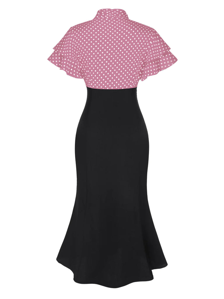 Schwarz 1930er Dots Krawattenhals Meerjungfrauenkleid