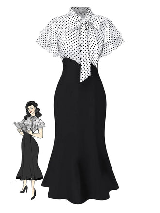 Schwarz 1930er Dots Krawattenhals Meerjungfrauenkleid