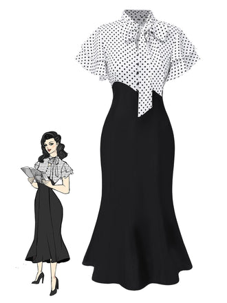 Schwarz 1930er Dots Krawattenhals Meerjungfrauenkleid