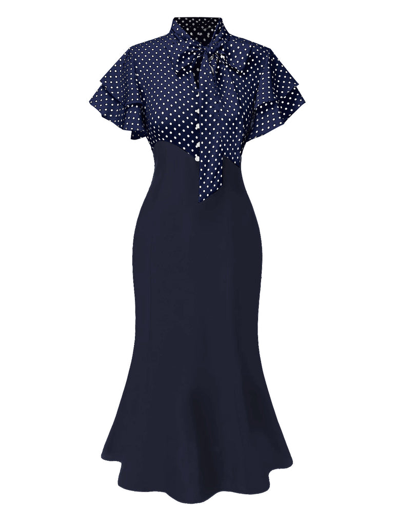Schwarz 1930er Dots Krawattenhals Meerjungfrauenkleid