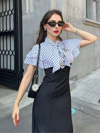 Schwarz 1930er Dots Krawattenhals Meerjungfrauenkleid