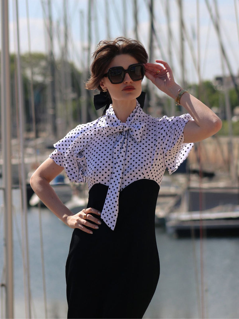 Schwarz 1930er Dots Krawattenhals Meerjungfrauenkleid