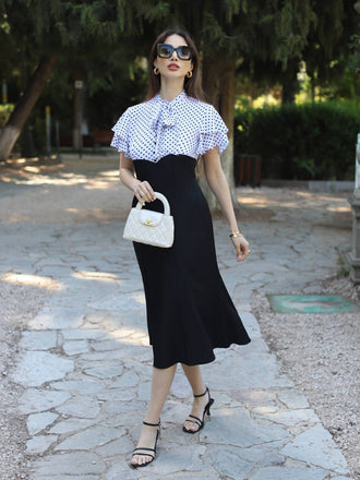 Schwarz 1930er Dots Krawattenhals Meerjungfrauenkleid