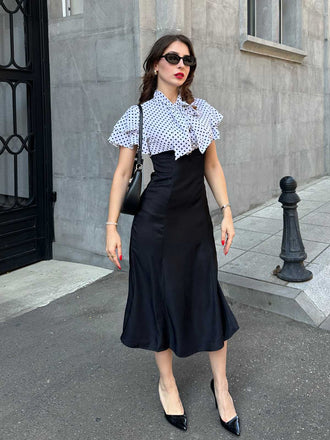 Schwarz 1930er Dots Krawattenhals Meerjungfrauenkleid