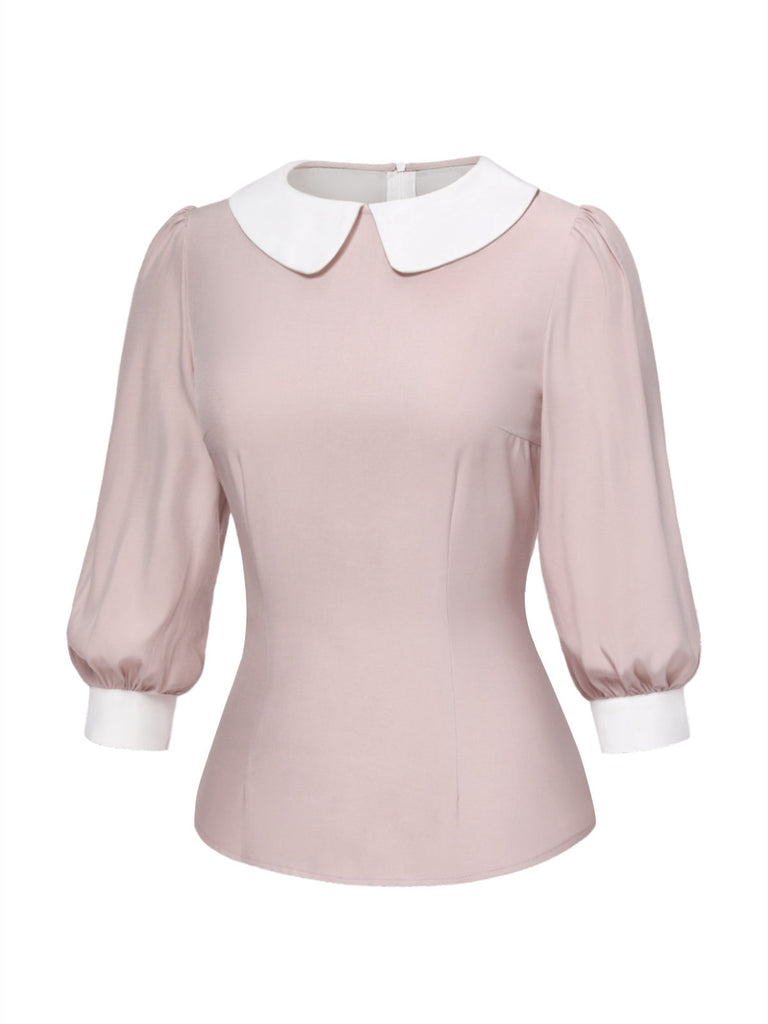 Rosa 1940er Farbblock Peter Pan Kragen Bluse