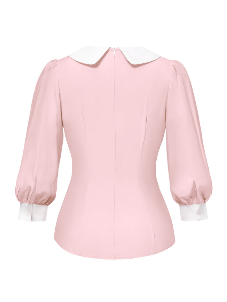 Rosa 1940er Farbblock Peter Pan Kragen Bluse