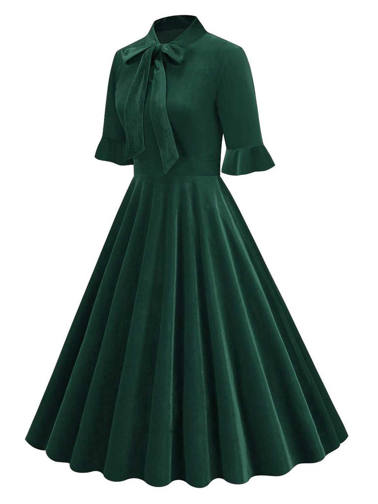 1950er Krawattenhals Samt Ausgestellte Ärmel Kleid