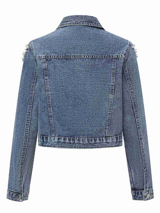 Blau 1950er Revers Perlen Denim Kurzmantel
