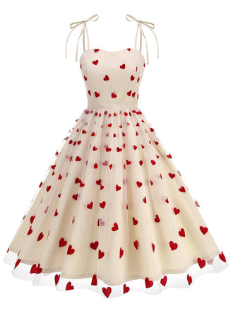 1950er Rot Herz Netz Patchwork Träger Kleid