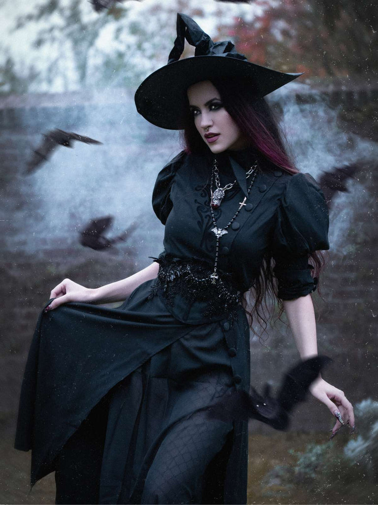 Schwarz 1940er Gothic Wicked-Inspiriert Elphaba Blumen Hexenkleid