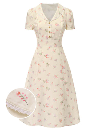Beige 1940er Baumwolle Puffärmel Revers Blumen Kleid