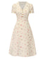 Beige 1940er Baumwolle Puffärmel Revers Blumen Kleid