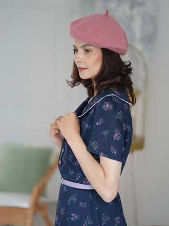 Blau 1940er Baumwolle Puffärmel Revers Blumen Kleid