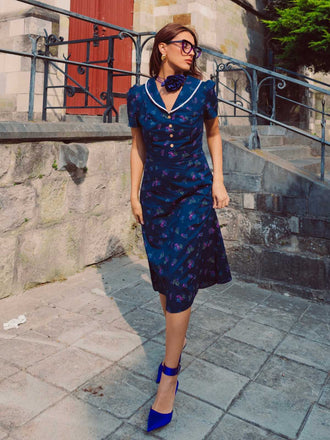 Blau 1940er Baumwolle Puffärmel Revers Blumen Kleid