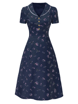 Blau 1940er Baumwolle Puffärmel Revers Blumen Kleid
