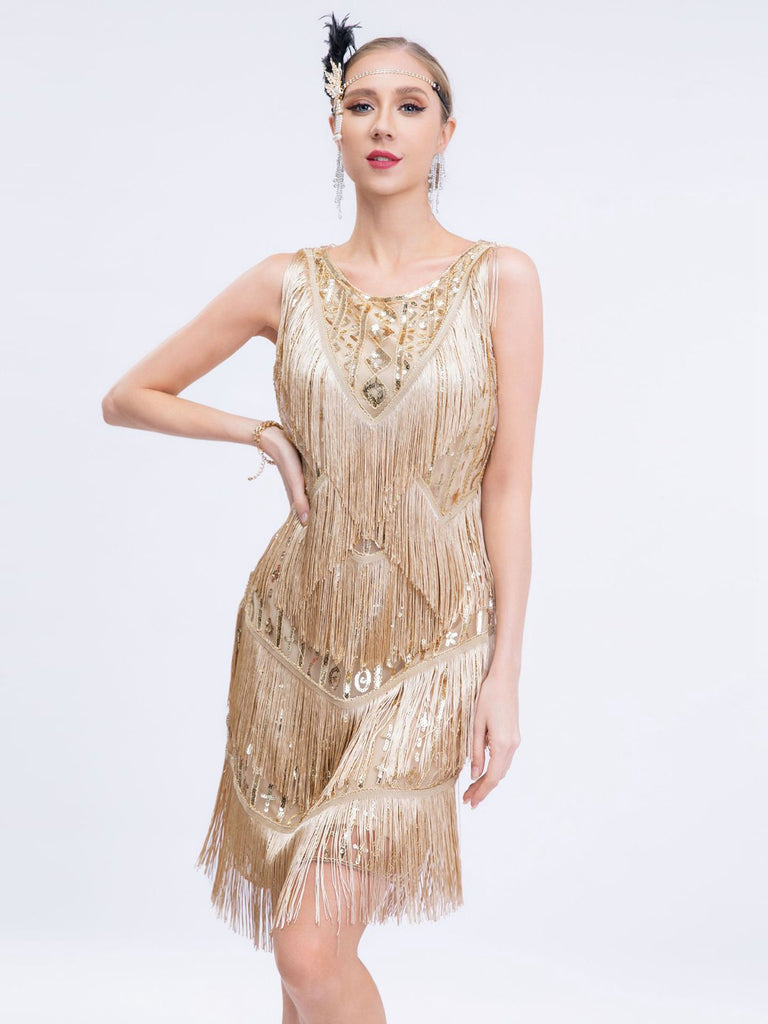 Gold 1920er Gatsby Pailletten Quaste Patchwork Kleid