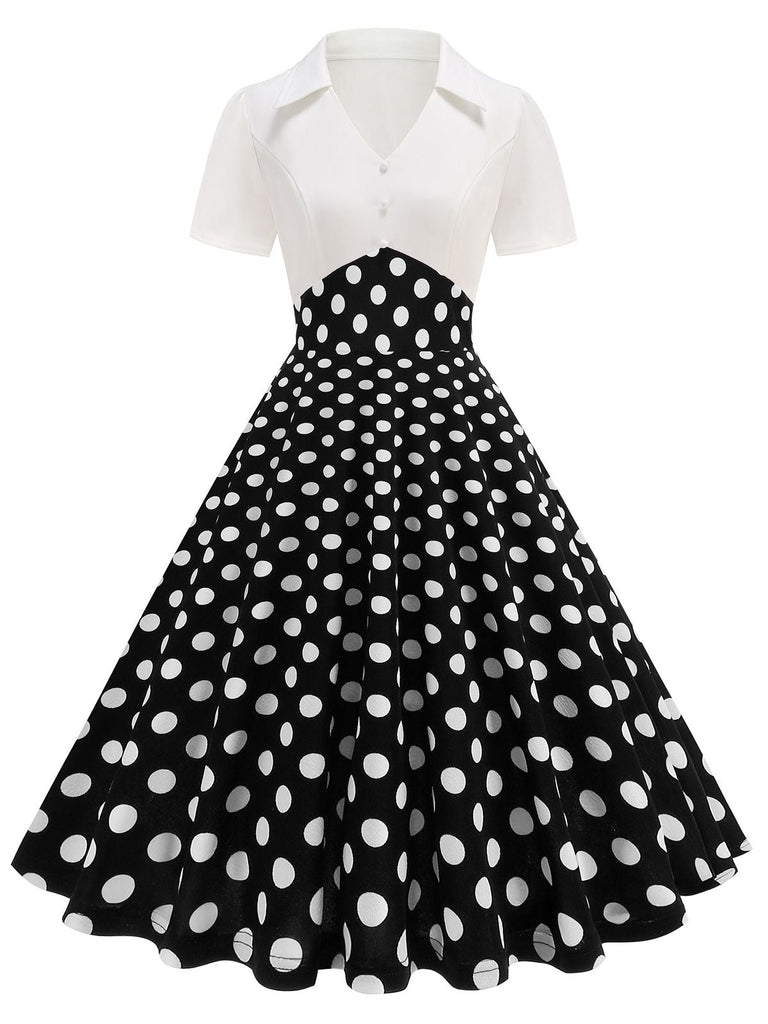 1950er Revers Polka Dots Patchwork Swing Kleid