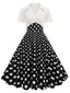 Schwarz 1950er Revers Polka Dots Patchwork Swing Kleid