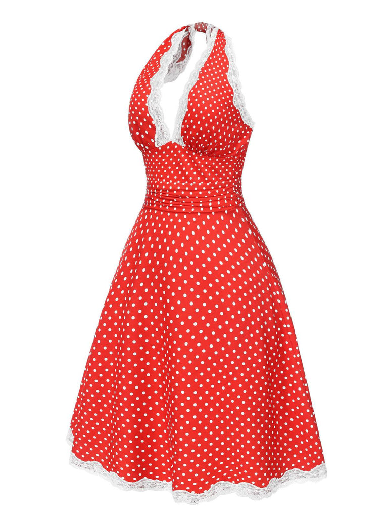 [Vorverkauf] Rot 1950er Polka Dots Plissiertes Spitze Halter Kleid