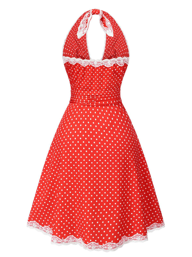[Vorverkauf] Rot 1950er Polka Dots Plissiertes Spitze Halter Kleid