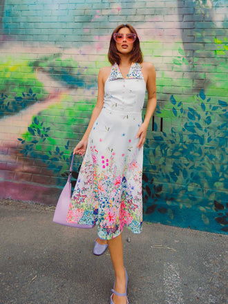 Weiß 1940er Blumen Revers Spleißen Kleid