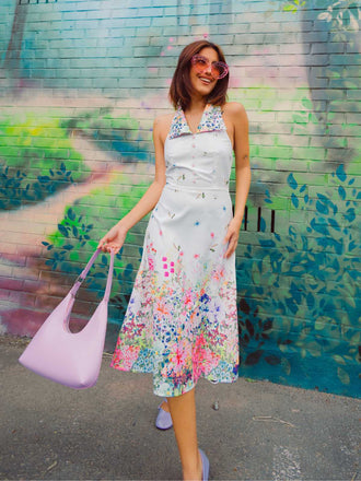 Weiß 1940er Blumen Revers Spleißen Kleid