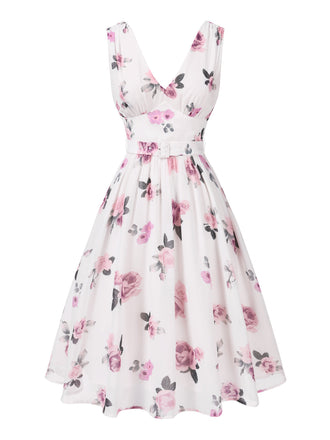 [Vorverkauf] Rosa 1940er Tief V-Ausschnitt Chiffon Rose Kleid