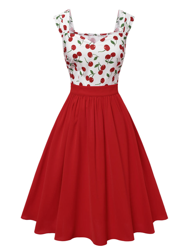 Rot 1950er Herzförmiger Hals Flügelärmel Kirsche Kleid