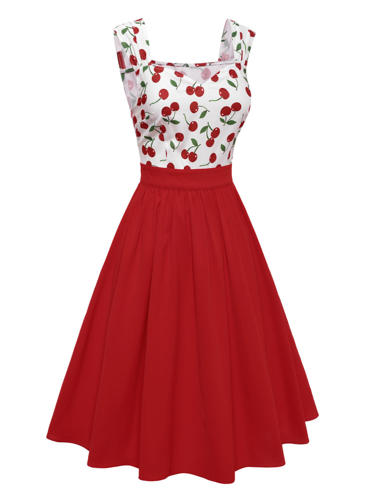 Rot 1950er Herzförmiger Hals Flügelärmel Kirsche Kleid