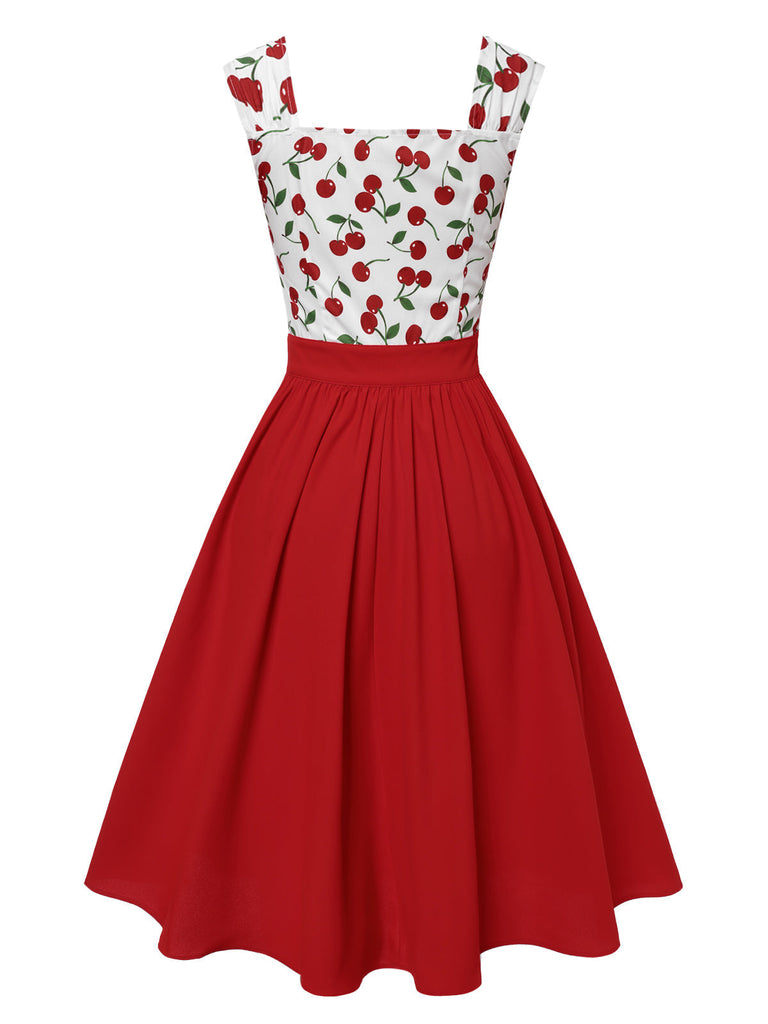 Rot 1950er Herzförmiger Hals Flügelärmel Kirsche Kleid