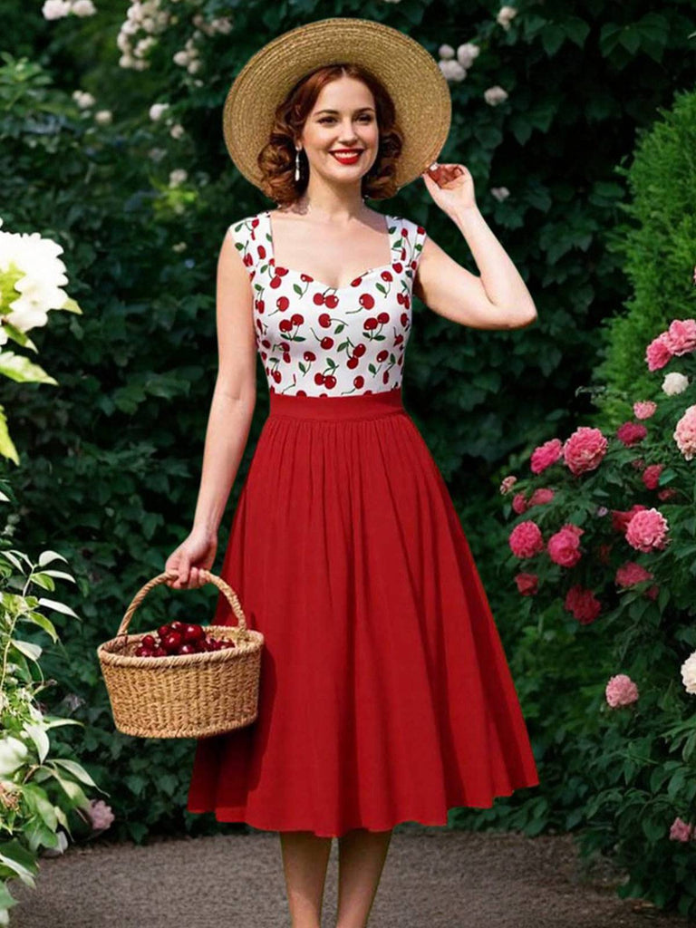 Rot 1950er Herzförmiger Hals Flügelärmel Kirsche Kleid