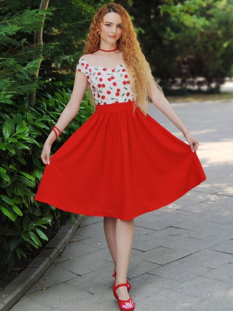 Rot 1950er Herzförmiger Hals Flügelärmel Kirsche Kleid