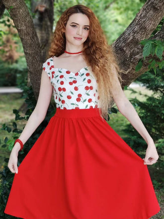 Rot 1950er Herzförmiger Hals Flügelärmel Kirsche Kleid