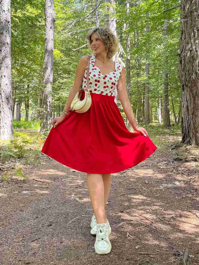 Rot 1950er Herzförmiger Hals Flügelärmel Kirsche Kleid
