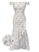 Blau 1930er Schulterfrei Blumen Rüschen Kleid