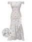 Blau 1930er Schulterfrei Blumen Rüschen Kleid