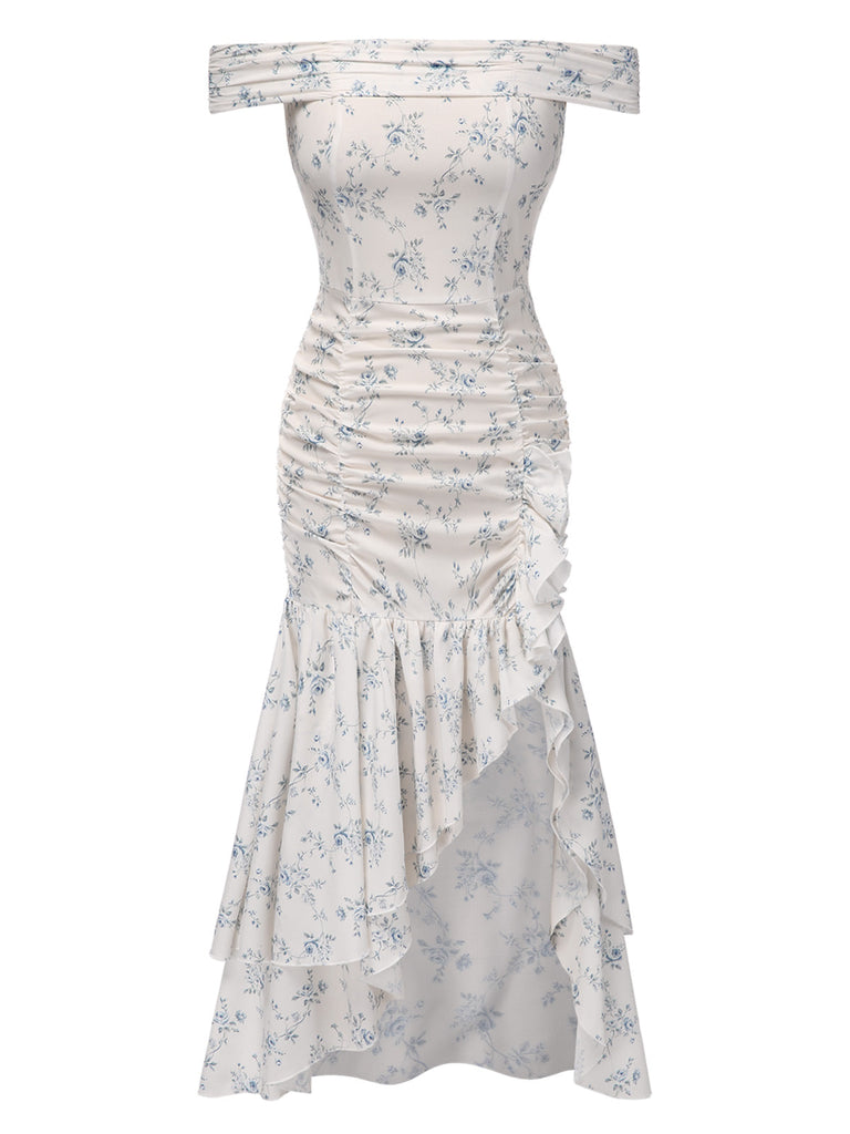 Blau 1930er Schulterfrei Blumen Rüschen Kleid