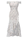 Blau 1930er Schulterfrei Blumen Rüschen Kleid