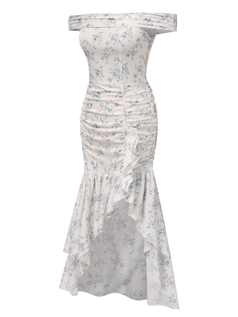 Blau 1930er Schulterfrei Blumen Rüschen Kleid