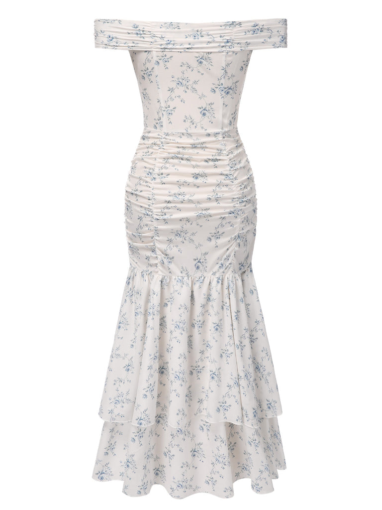 Blau 1930er Schulterfrei Blumen Rüschen Kleid