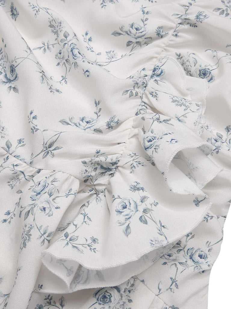Blau 1930er Schulterfrei Blumen Rüschen Kleid