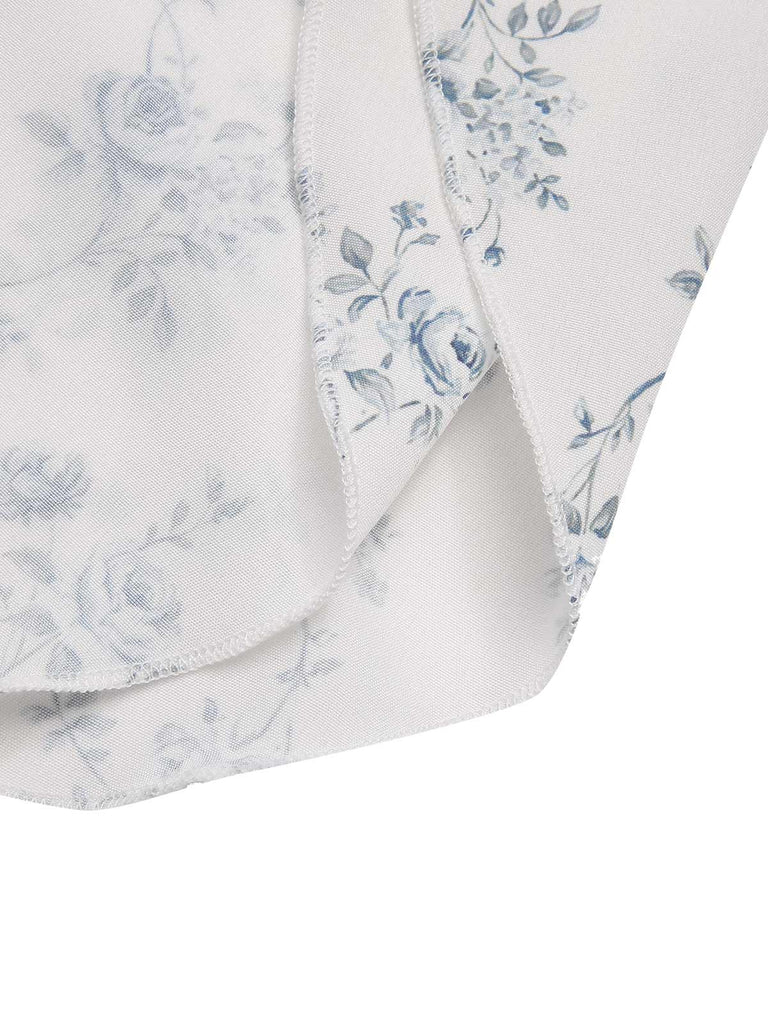 Blau 1930er Schulterfrei Blumen Rüschen Kleid
