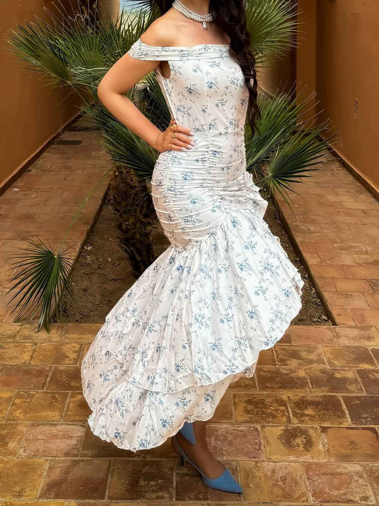 Blau 1930er Schulterfrei Blumen Rüschen Kleid