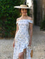 Blau 1930er Schulterfrei Blumen Rüschen Kleid