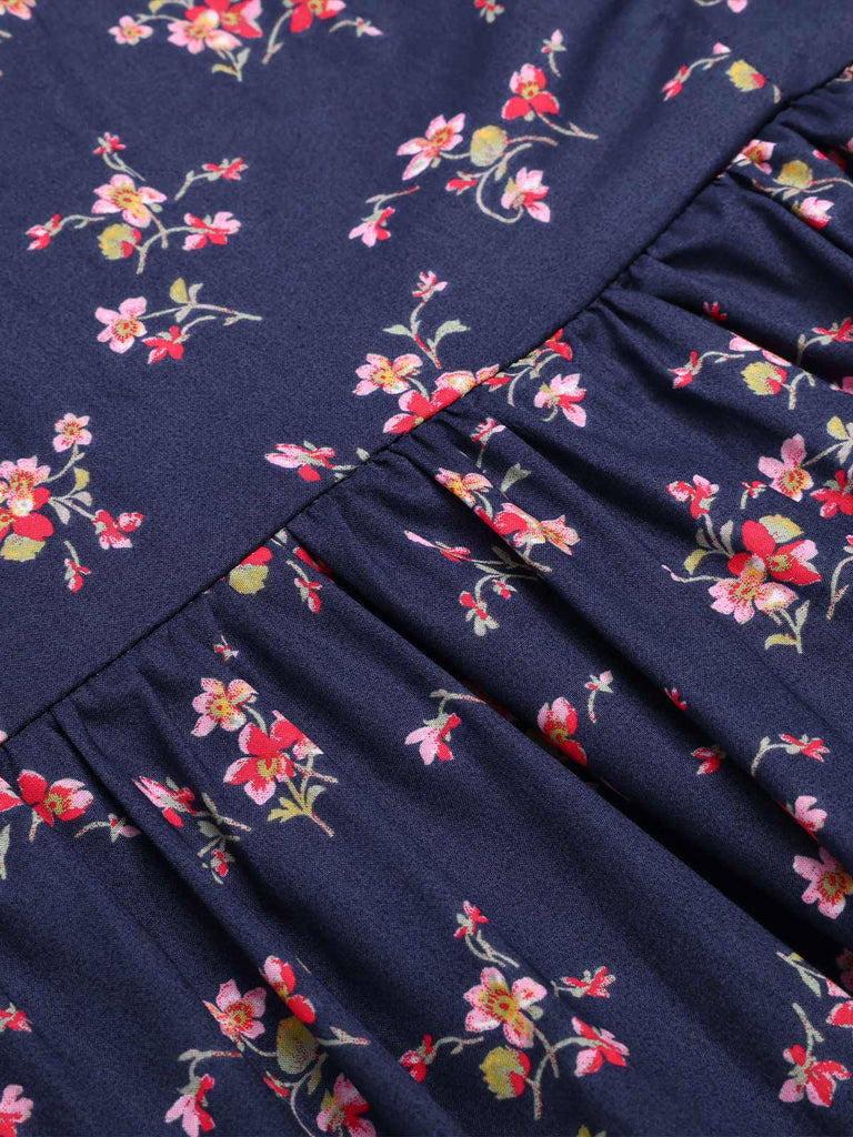 Blau 1950er Halter Spitze Baumwolle Blumen Kleid