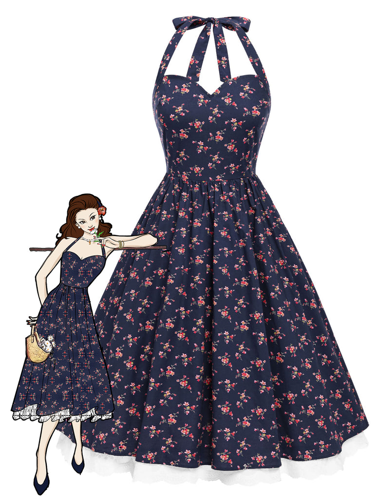 Blau 1950er Halter Spitze Baumwolle Blumen Kleid