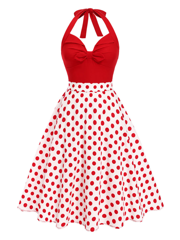 [Vorverkauf] Rot 1950er Halter Patchwork Polka Dots Kleid