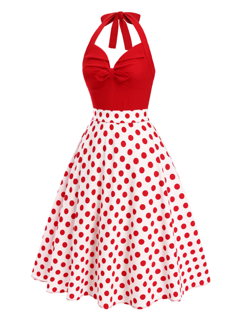 [Vorverkauf] Rot 1950er Halter Patchwork Polka Dots Kleid